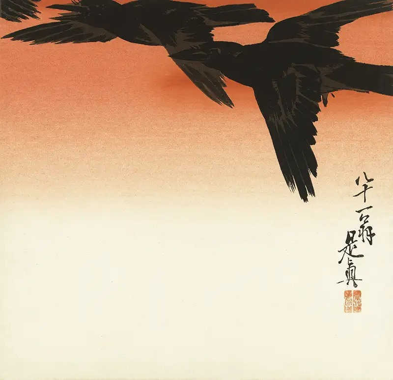 Crows Fly by Red Sky at Sunset